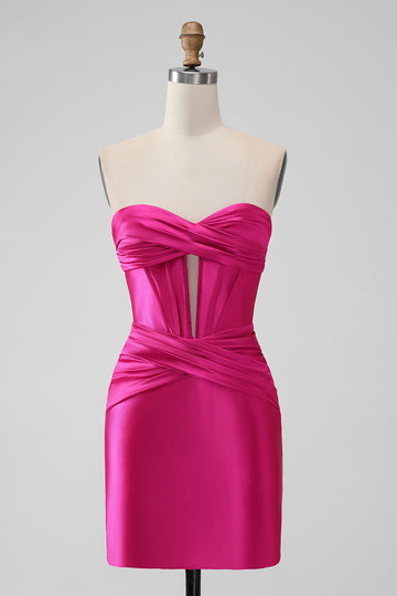 Fucsia Bodycon Novia Corsé de Satén Vestido Corto De Regreso A Casa